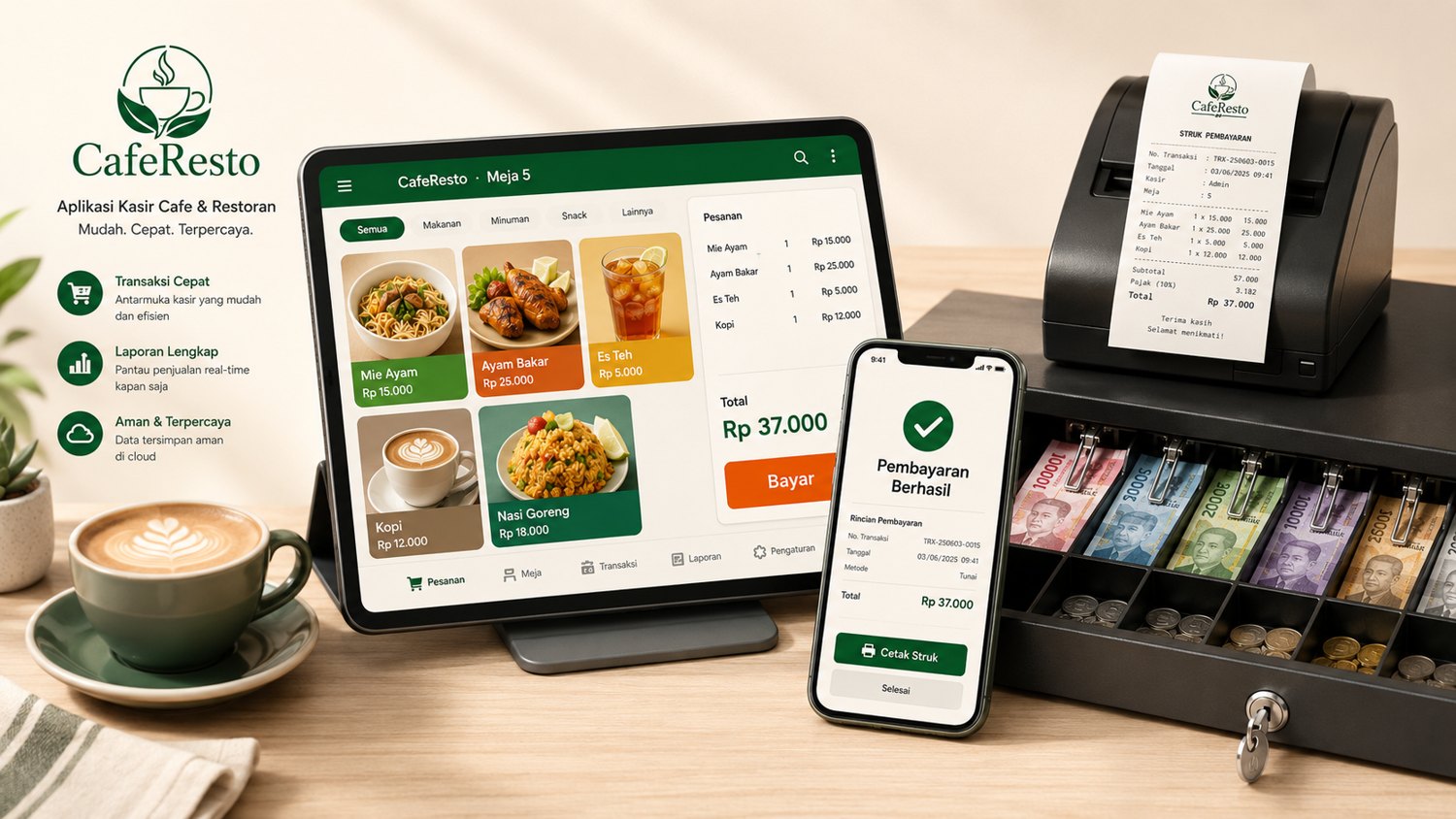 CafeResto POS di tablet & HP, printer struk, dan cash drawer berisi uang